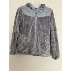 The North Face Girls 18 XL Full Zip Fleece Hooded Jacket Long Sleeve Gray Blue